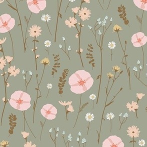 Vintage wildflowers floral and dried weeds in pink, blue, brown and blush on cream - MEDIUM SCALE