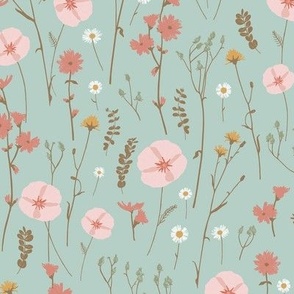 Vintage wildflowers floral and dried weeds in pink, yellow, brown and blush on blue - MEDIUM SCALE