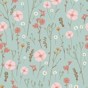 Vintage wildflowers floral and dried weeds in pink, yellow, brown and blush on blue - SMALL SCALE