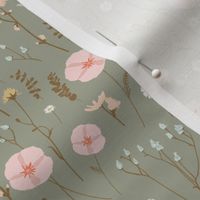 Vintage wildflowers floral and dried weeds in pink, blue, brown and blush on green - SMALL SCALE