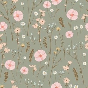 Vintage wildflowers floral and dried weeds in pink, blue, brown and blush on green - SMALL SCALE