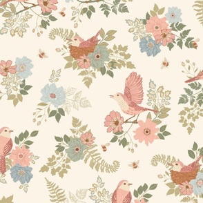 Vintage flower garden and birds big blooms and leaves