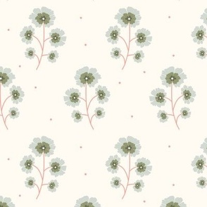 Little leaves in forest green, pale blue on cream