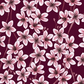 Peach Tree Flowers Burgundy Background Large Scale