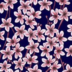 Peach Tree Flowers Navy Blue Background Large Scale