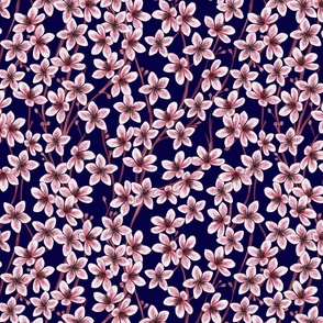 Peach Tree Flowers Navy Blue Background Small Scale