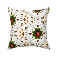 Red ladybugs on green flower petals, on a patterned red and green design with a white background.