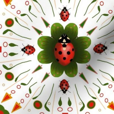 Red ladybugs on green flower petals, on a patterned red and green design with a white background.