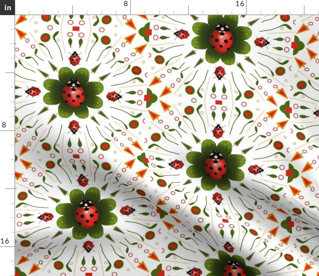 Red ladybugs on green flower petals, on a patterned red and green design with a white background.
