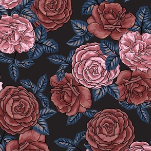 TRICIA PAINTED ROSE FLORAL- BLACK LRG