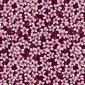 Peach Tree Flowers Burgundy Background Small Scale
