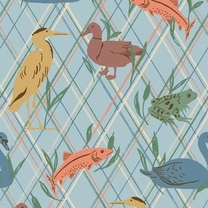 Lake life vintage animals in blue, green, mustard and brown on light blue