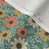 Summer floral in coral, cream, mustard and blue on green - SMALL SCALE