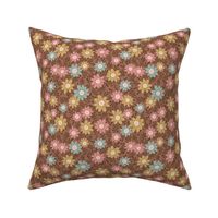 Summer floral in pink, mustard, blue and cream on brown - SMALL SCALE