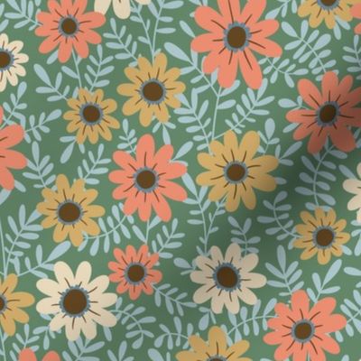 Summer floral in coral, cream, mustard and blue on green - MEDIUM SCALE
