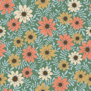 Summer floral in coral, cream, mustard and blue on green - MEDIUM SCALE