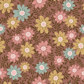Summer floral in pink, mustard, blue and cream on brown - MEDIUM SCALE