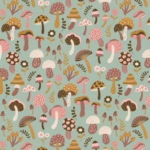 Whimsical fall fungi forest mushrooms in vintage pink, brown, cream and mustard on celadon green - EXTRA SMALL SCALE