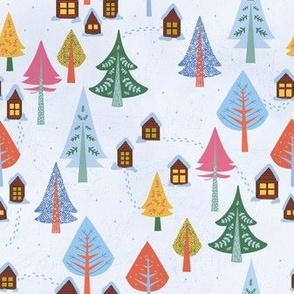 Christmas winter cabins village in the snow with trees in blue, green, red, pink and yellow