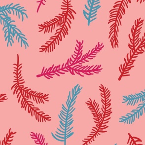 CHRISTMAS BOUGHS Holiday Christmas Tree Evergreen Branches Winter Party Decorations in Festive Brights Red Fuchsia Pink Blue on Light Pink - LARGE Scale - UnBlink Studio by Jackie Tahara