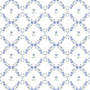 French Country Rose Trellis 1 in cobalt blue and green.
