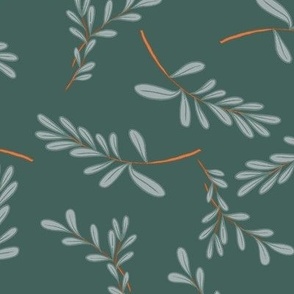 Large Double Green Leaves,  Hand Drawn Green Leaves, Sage Green, Gray Green, Brown Copper and Green, Winter Foliage, Spring Foliage, Late Winter, Early Spring, Nature Inspired, Botanical Leaf, Organic Leaf, Earthy Colors Fabric