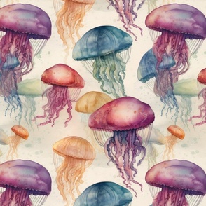 Underwater Watercolor of Brightly Colored Jelly Fish with Tentacles on Cream