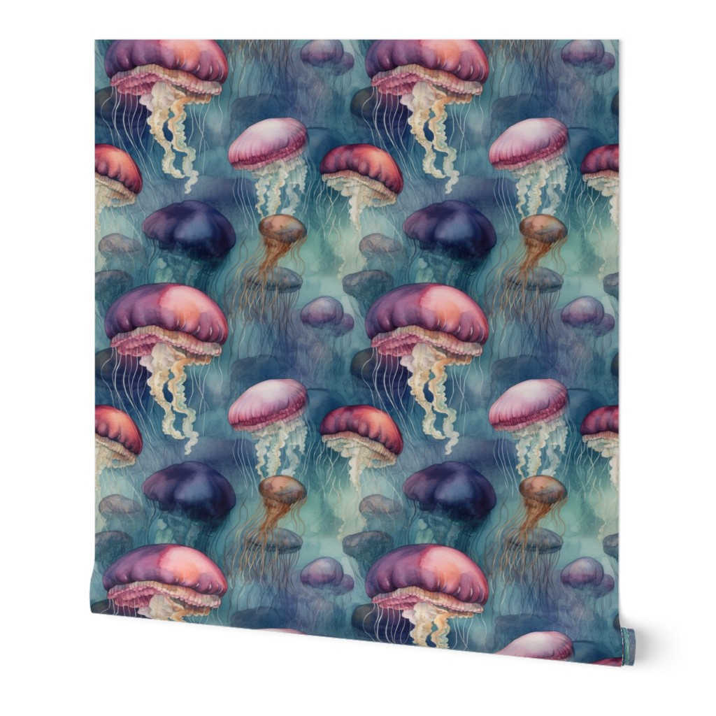 Underwater Watercolor of Brightly Colored Jelly Fish with Tentacles on Aqua Blue