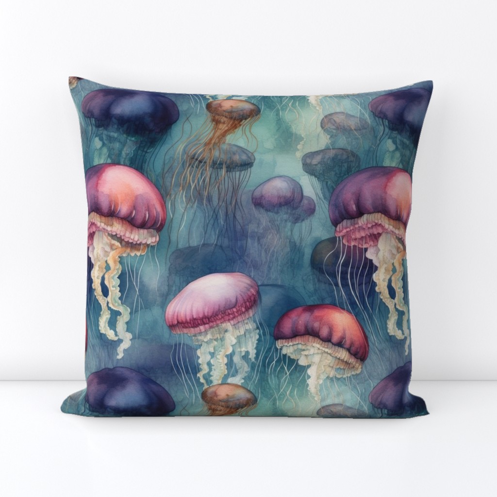 Underwater Watercolor of Brightly Colored Jelly Fish with Tentacles on Aqua Blue