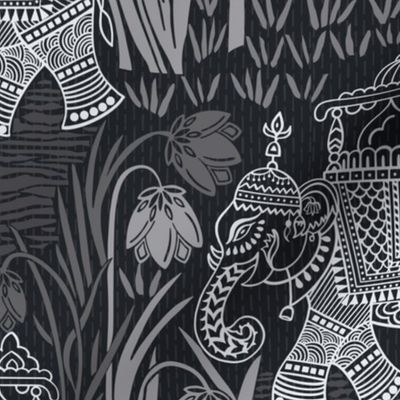 Indian block print/Bagru/traditional/grey/monochromatic/elephants