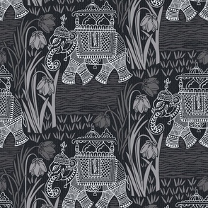 Indian block print/Bagru/traditional/grey/monochromatic/elephants