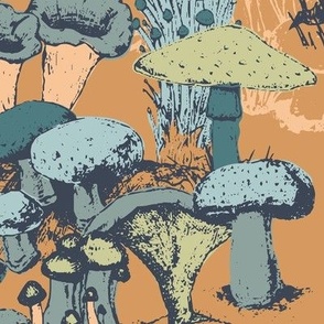 Medium Scale - Wild Mushrooms Teal Layered on an Orange Background 