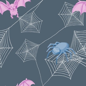 cute Spider and Bat on grey repeat pattern, halloween fabric, Large 16-inch