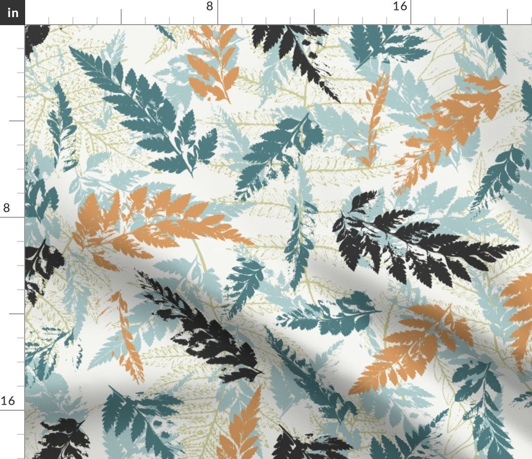 Layered Leaves  in orange and teal. Forest Floor - Large Scale