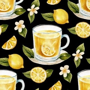 Tea cup with lemon cozy elegant watercolor 