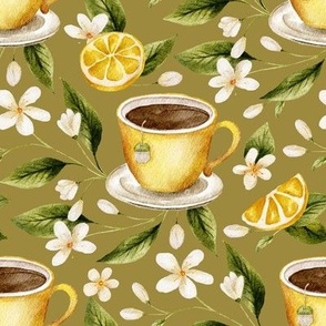 Tea cup with lemon cozy elegant watercolor 