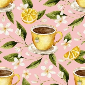 Tea cup with lemon cozy elegant watercolor 