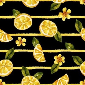 Yellow watercolor lemon fruits on a striped line background