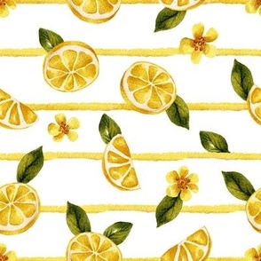 Yellow watercolor lemon fruits on a striped line background