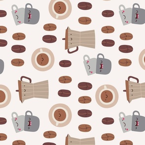 Cute Coffee pattern with coffee beans, cups and coffee pots