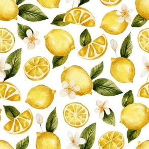 Yellow watercolor lemon fruits with blooming flowers and leaves