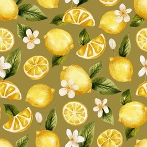 Yellow watercolor lemon fruits with blooming flowers and leaves