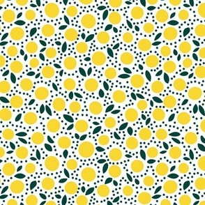 Sweet ditsy fruit citrus garden - Retro spots and leaves romantic delicate oranges limes and lemons design yellow pine green on white