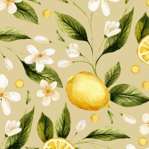 BIG_ Yellow watercolor lemon fruits with blooming flowers and leaves