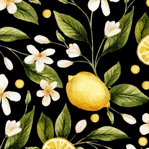 BIG_ Yellow watercolor lemon fruits with blooming flowers and leaves