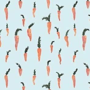 Small hand drawn watercolor carrots on baby blue with linen texture