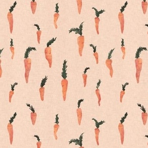 Small hand drawn watercolor carrots on blush pink with linen texture