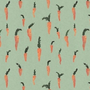Small hand drawn watercolor carrots on mint green with linen texture