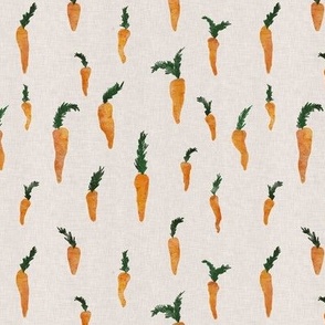 Small hand drawn watercolor carrots on natural linen texture