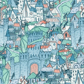 Medieval Fantasy City, cool blue colours, large scale